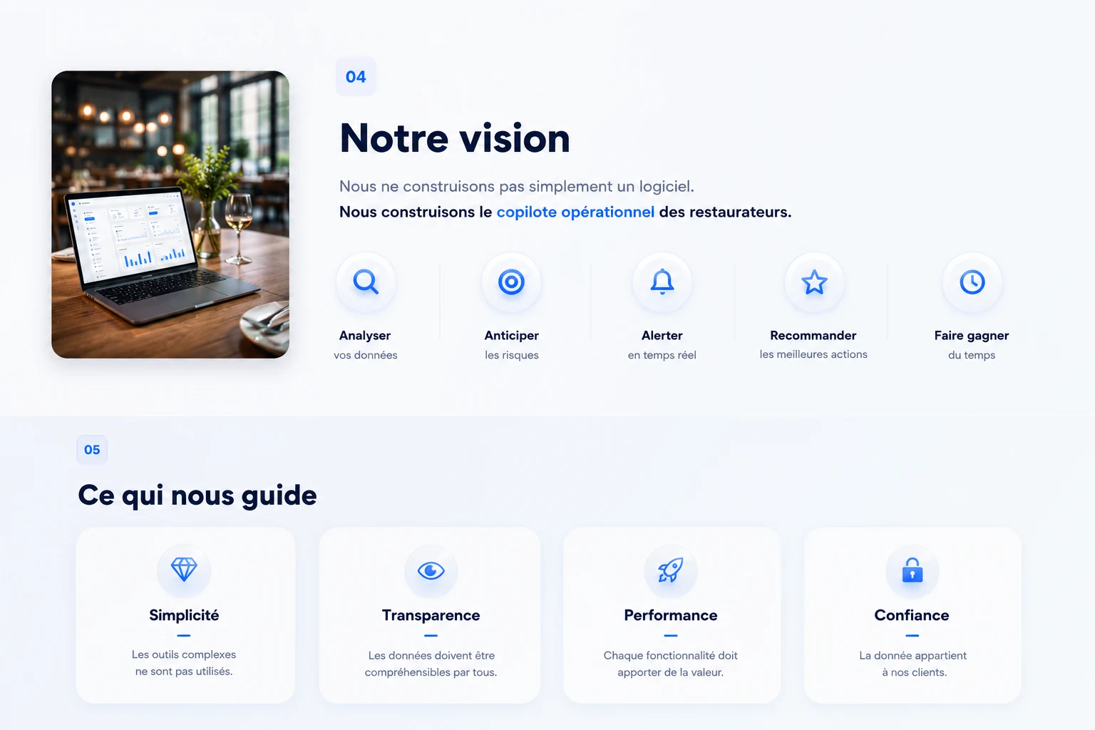 Notre vision : le copilote opérationnel des restaurateurs — analyser, anticiper, alerter, recommander, faire gagner du temps. Ce qui nous guide : simplicité, transparence, performance, confiance.