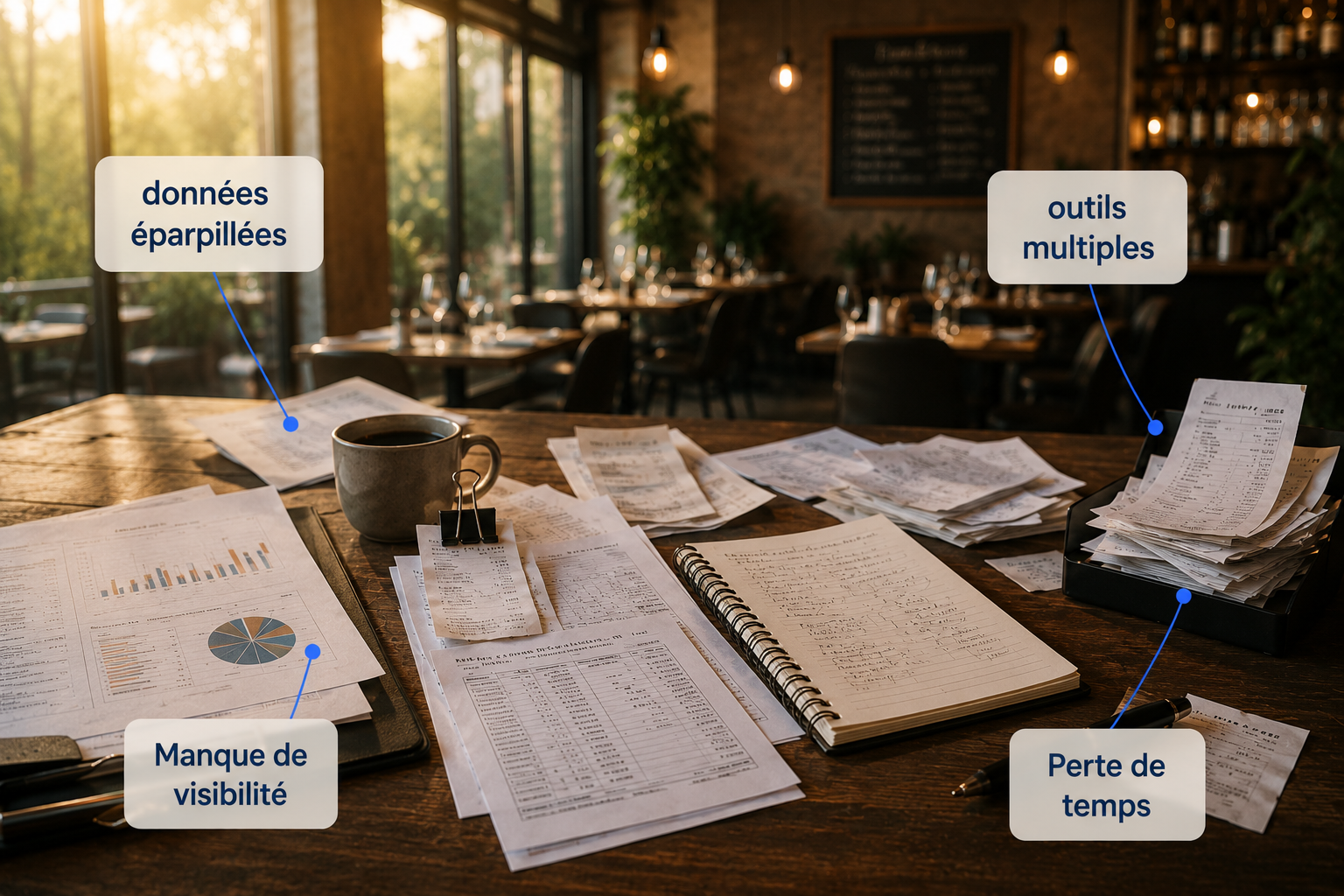 Bureau encombré de factures et tableurs — donnees dispersees, saisie multiple, perte de temps, manque de visibilite